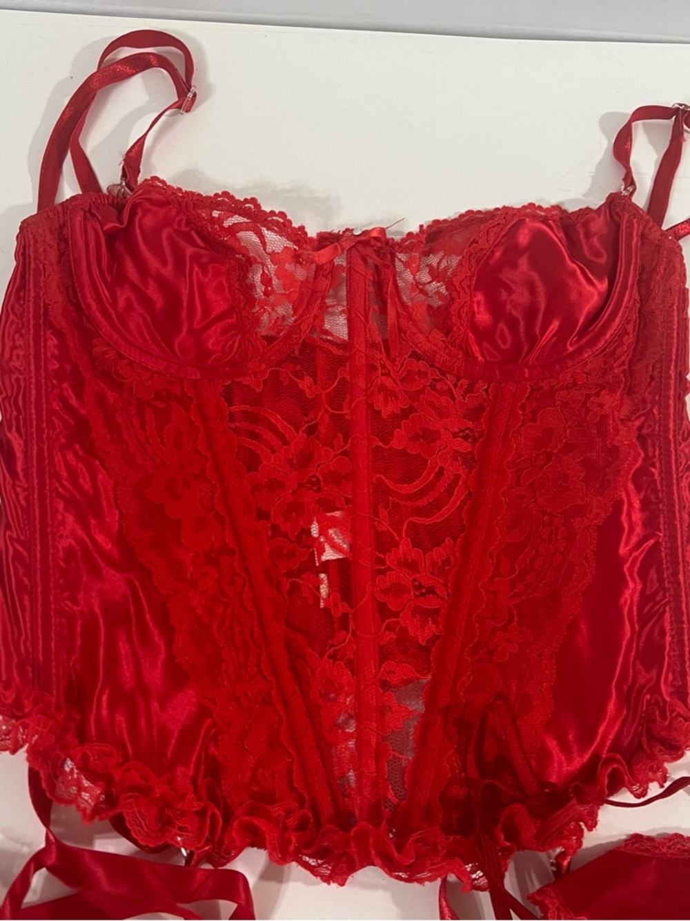 Red Lace Satin Bustier Corset vintage Frederick’s of Hollywood lingerie